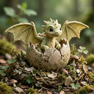 Clay render of a baby dragon hatching from a speckled egg, tiny wings spread, handmade texture with fingerprints, mossy nest. Soft forest lighting
