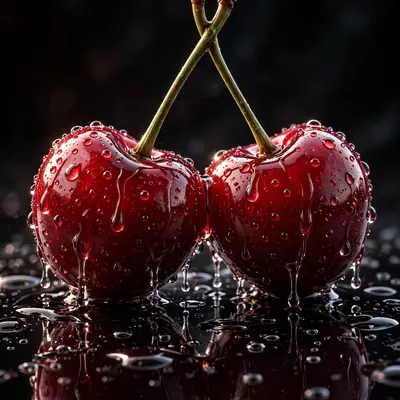 Hyper-glossy 3D render of two perfect cherries, dripping wet-look shine, water droplets, dark reflective surface. Dramatic studio lighting, extreme