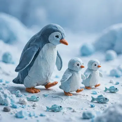 Clay render of a penguin family waddling across handmade snow, parent and two chicks, fingerprint texture, tiny clay fish. Cool soft daylight, matte