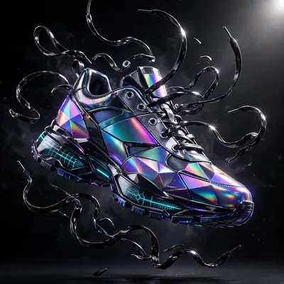 Studio product 3D render of a futuristic sneaker, glossy iridescent panels, floating laces frozen mid-motion, dramatic dark background. High-contrast