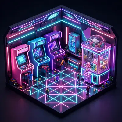 Isometric 3D render of a retro arcade room diorama, glowing cabinets, neon carpet, tiny players, prize claw machine. Vibrant neon lighting, glossy