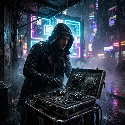a vendor selling black-market implants in blade-runner-inspired cinematic style, rain hammering the neon-drenched streets. Electric billboard