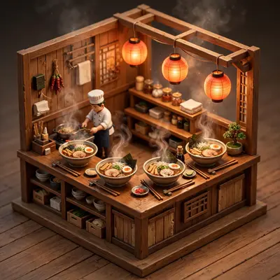 Isometric 3D render of a tiny ramen shop counter, steaming bowls, miniature chef, hanging lanterns, chopstick details. Warm steam-lit glow, glossy