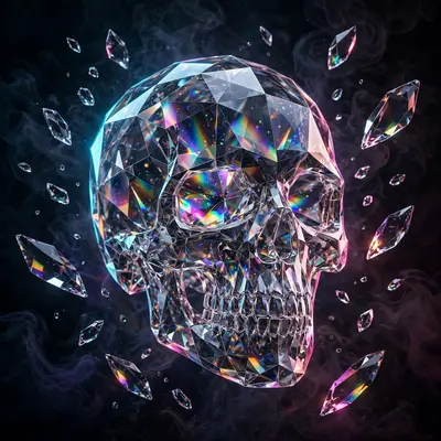 3D render of a faceted crystal skull, rainbow refractions inside, floating shards, dark smoky background. Dramatic colored rim lighting, perfect