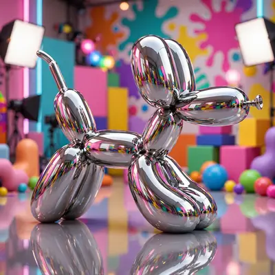 Glossy 3D render of a chrome balloon dog sculpture, mirror reflections of a colorful studio, slight squash and stretch pose. Bright playful studio