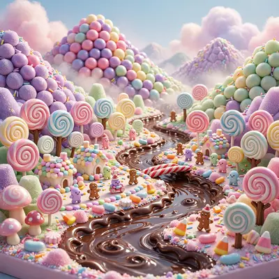 3D render diorama of a candy land valley, lollipop trees, chocolate river, gumdrop mountains, tiny candy citizens. Bright sugary lighting