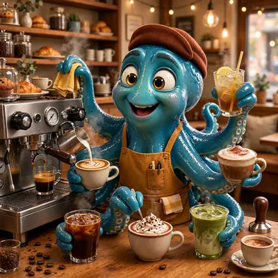 Pixar-style 3D character of an octopus barista multitasking eight drinks, espresso machine, cheerful cafe, tentacles with tiny towels. Warm cafe