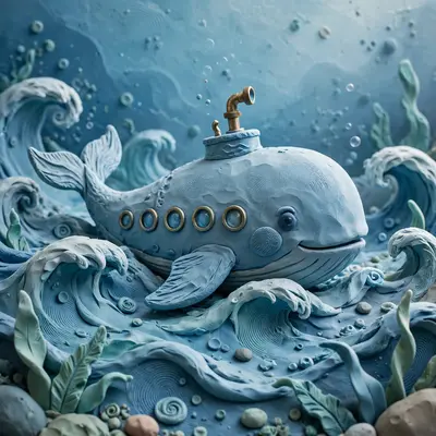 Clay render of a whale shaped like a vintage submarine, portholes, tiny periscope, swimming through handmade clay waves, fingerprint texture. Soft