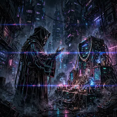 Cinematic frame of a data priest blessing a server shrine, rendered in neon-drenched comic art style amid towering megacity blocks. Low-key