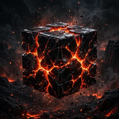 3D render of a cracked obsidian cube with glowing lava veins, floating embers, dark volcanic background. Fiery internal glow lighting, glossy black