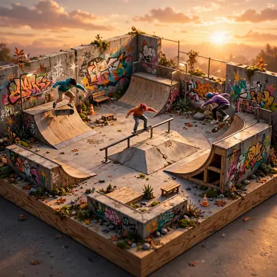 Isometric 3D render of a miniature skate park diorama, tiny skaters mid-trick, ramps, graffiti walls, sunset sky. Warm golden hour light, concrete