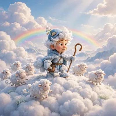 Pixar-style 3D character of a cloud shepherd herding fluffy sheep-clouds with a crook, floating on a cumulus hill, rainbow behind. Soft dreamy