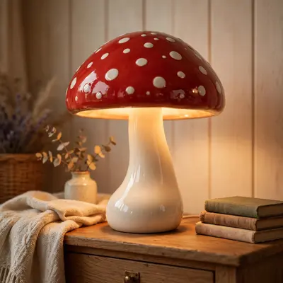 3D render of a mushroom-shaped table lamp, glossy red cap with white dots, warm light glowing through, on a wooden nightstand. Cozy warm glow