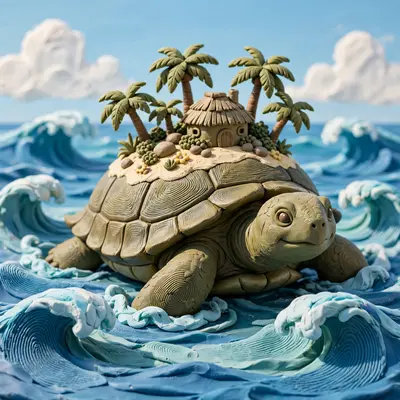Clay render of a giant tortoise carrying a tiny island with palm trees and a hut on its shell, swimming through handmade waves. Bright tropical