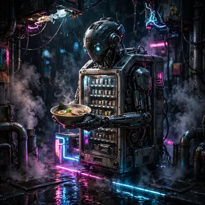 sci-fi concept art depiction of a vending-machine android serving midnight ramen, caught between flickering signs and steam vents. Dramatic
