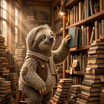Pixar-style 3D character of a sloth librarian slowly shelving books, glasses on nose, towering book stacks, dust motes in sunbeams. Warm library