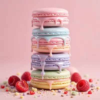 Studio 3D render of a tall macaron stack, pastel shells with glossy ganache, crumbs and raspberries, soft pink background. Bright appetizing