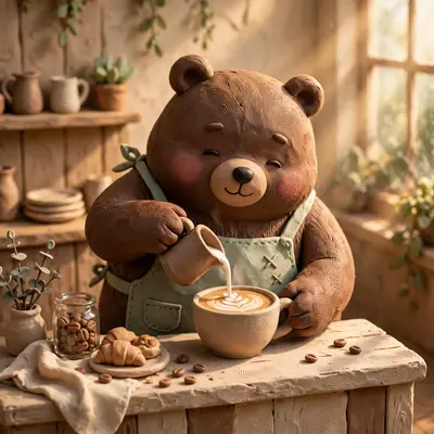 Clay render of a chubby bear barista pouring latte art, tiny apron, handmade cafe counter, fingerprint texture, morning sun. Warm cozy lighting