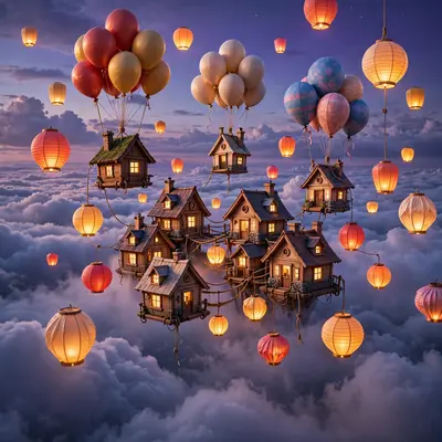 3D render of a floating village of paper lanterns at dusk, tiny houses hanging from balloons, glowing windows, clouds below. Warm lantern glow