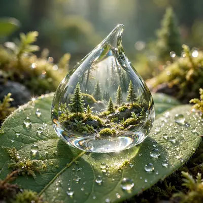 Macro 3D render of a perfect water droplet on a leaf, refracting a tiny forest scene inside, morning dew sparkle. Crisp natural lighting, flawless