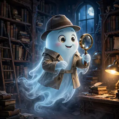 Pixar-style 3D character of a friendly ghost detective in a trench coat and fedora, magnifying glass, translucent glow, haunted library. Moody