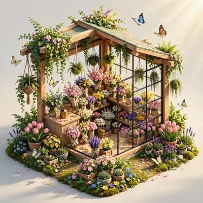 Isometric 3D render of a tiny flower shop, miniature bouquets, hanging plants, glass storefront, butterfly details, morning light. Fresh bright