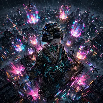 Moody dark tech-noir illustration scene: a cybernetic geisha beneath holographic lanterns, the city humming behind them. Strobing club-light bursts
