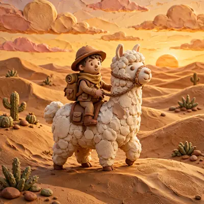 Clay render of a tiny adventurer riding a fluffy handmade llama through clay desert dunes, fingerprint texture, sunset sky. Warm golden lighting
