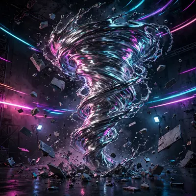 3D render of a liquid chrome tornado twisting through a dark studio, reflecting neon streaks, debris frozen mid-spin. Dramatic colored lighting