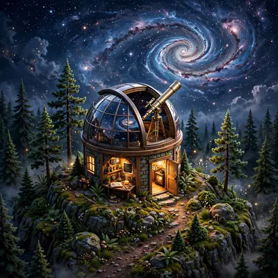 Isometric 3D render of a tiny observatory on a hilltop at night, telescope pointed at a swirling galaxy, warm interior light, pine trees. Starry
