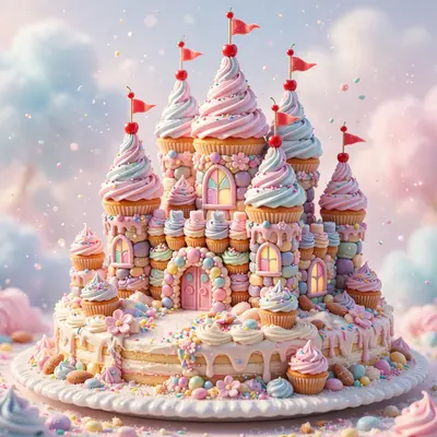 3D render of a castle made of cupcakes, frosting turrets, cherry flags, candy windows, on a cake-plate hill. Bright sugary lighting, ultra-glossy