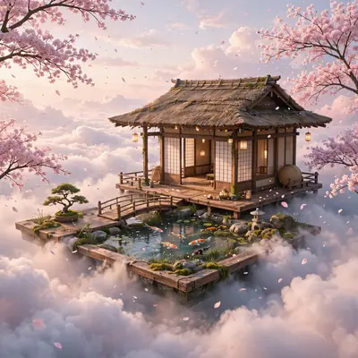 3D render of a Japanese tea house floating on clouds, tiny bridge, koi pond in the sky, cherry blossoms drifting. Soft dawn lighting, wood and paper