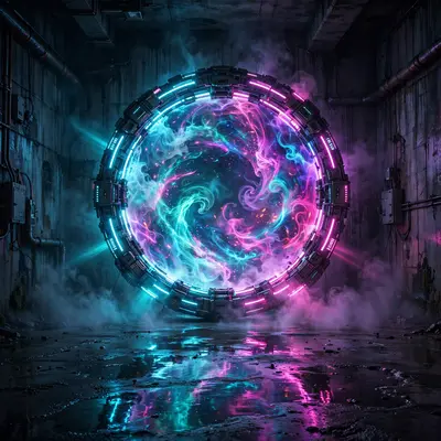 3D render of a glowing neon portal ring in a dark concrete room, energy swirling inside, reflections on wet floor. Electric cyan and magenta glow