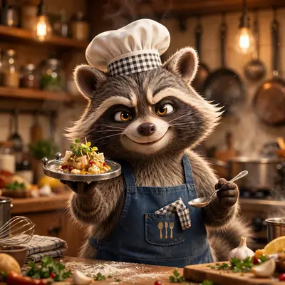 Pixar-style 3D character of a raccoon chef proudly presenting a tiny gourmet trash-can lid dish, kitchen chaos behind, tasting spoon in paw. Warm