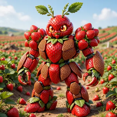 3D render of a mecha robot built from glossy strawberries, seed armor plating, leaf antennae, strawberry field battlefield. Bright playful lighting