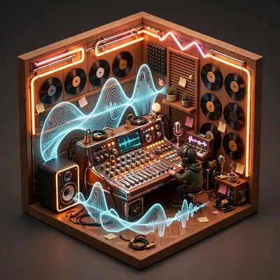 Isometric 3D render of a tiny music studio diorama, miniature mixing desk, glowing sound waves, vinyl records on walls, tiny producer. Warm