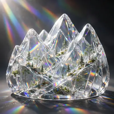 3D render of a miniature glass mountain terrain, translucent peaks, tiny trees inside the glass, light refracting through. Prismatic studio lighting