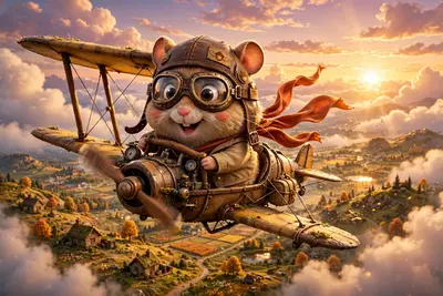 Pixar-style 3D character of a hamster pilot in a leather cap and goggles, tiny biplane, clouds and sunset behind, scarf flying. Warm golden hour