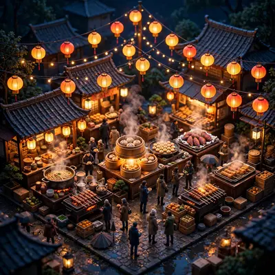 Isometric 3D render of a tiny Asian night market, glowing food stalls, miniature crowds, hanging lanterns, steam rising. Warm lantern glow against