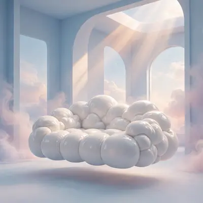 3D render of a sofa shaped like a fluffy cloud, glossy white vinyl, floating in a pastel sky room, sunbeams. Soft dreamy lighting, plush glossy