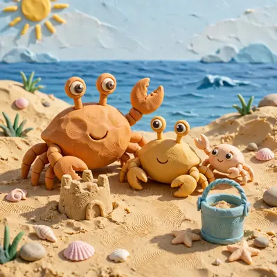Clay render of a crab family on a handmade beach, tiny sandcastle, clay bucket, fingerprint texture, sunny day. Bright cheerful lighting, matte sandy