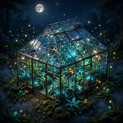 Isometric 3D render of a glass greenhouse glowing at night, bioluminescent plants inside, fireflies, moon above. Magical blue-green glow, glass