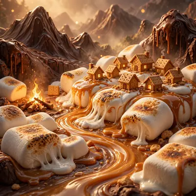 3D render of a world made of giant toasted marshmallows, caramel rivers, chocolate mountains, tiny graham-cracker houses. Warm campfire lighting