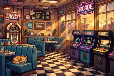 a cozy 1980s diner interior glowing with neon signs, rows of arcade cabinets along the wall, a jukebox and checkered floor, a cat asleep on a booth