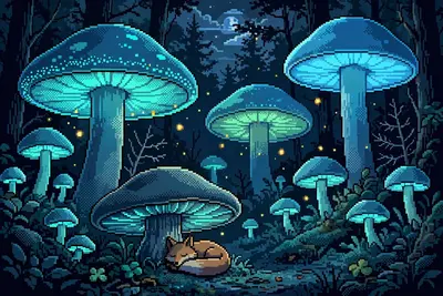 a moonlit forest of giant glowing mushrooms, tiny fireflies drifting between the caps, a small fox curled under a toadstool. Rendered as 16-bit pixel