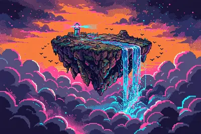 a floating island with a waterfall spilling off its edge into clouds below, a tiny lighthouse on top, birds circling in an orange sunset sky