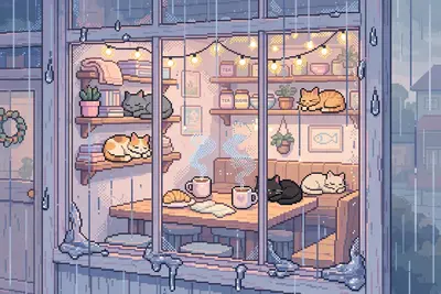 a warm cat cafe seen through a rain-streaked window, cats lounging on shelves and tables, steaming mugs, string lights glowing inside. Rendered as