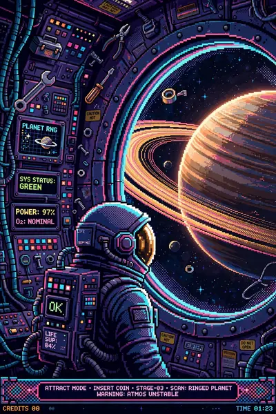 an astronaut gazing through a huge circular viewport at a ringed planet, control panels blinking, cables and floating tools around the cabin