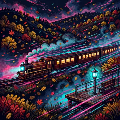 a night train speeding through autumn hills, lit windows glowing, red and gold leaves swirling, a small station platform rushing past. Rendered as