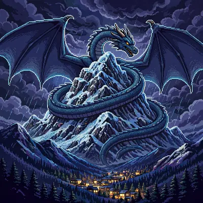 a dragon coiled around a snowy mountain peak, wings spread against a stormy sky, a tiny village with lit windows far below. Rendered as 16-bit pixel